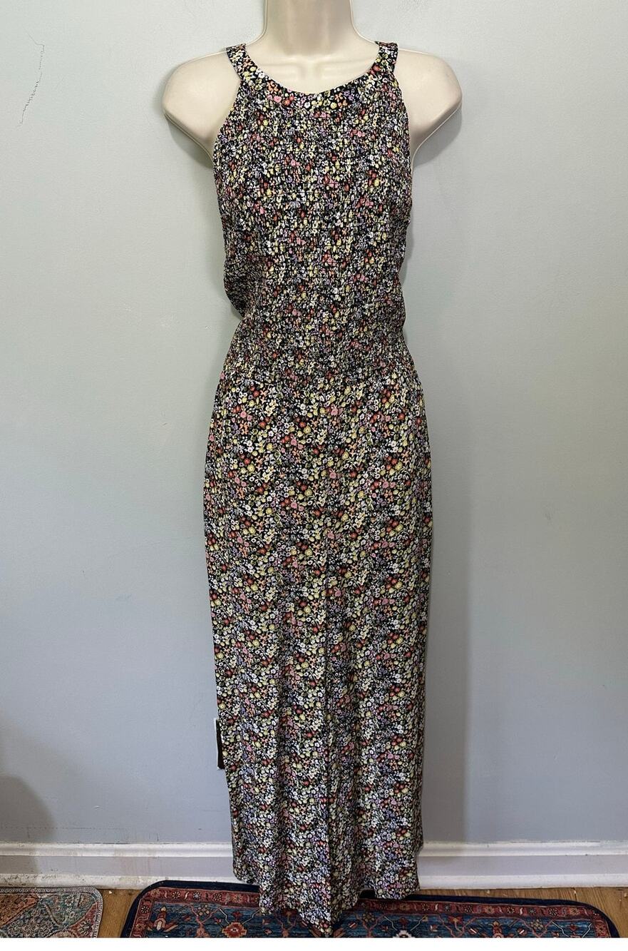 Loft Jumpsuit Womens 14 Black Ditzy Floral Wide Leg Smocked Cottage Boho Chic